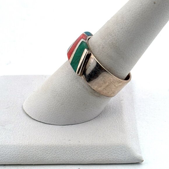 Estate Sterling Silver 925 Multi-Stone Inlay Ring Blue Green Orange Band Sz 8.5 - Picture 4 of 8